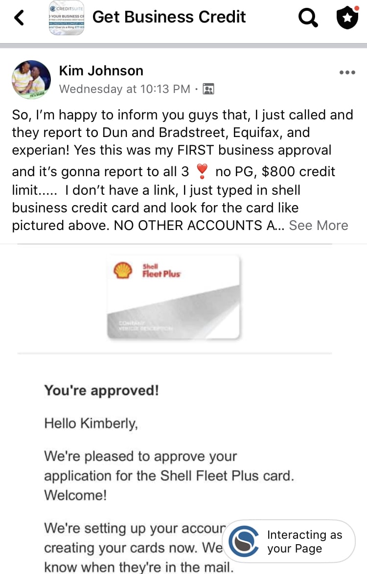 No PG 800 CL Shell card Credit Suite - Business Credit Results