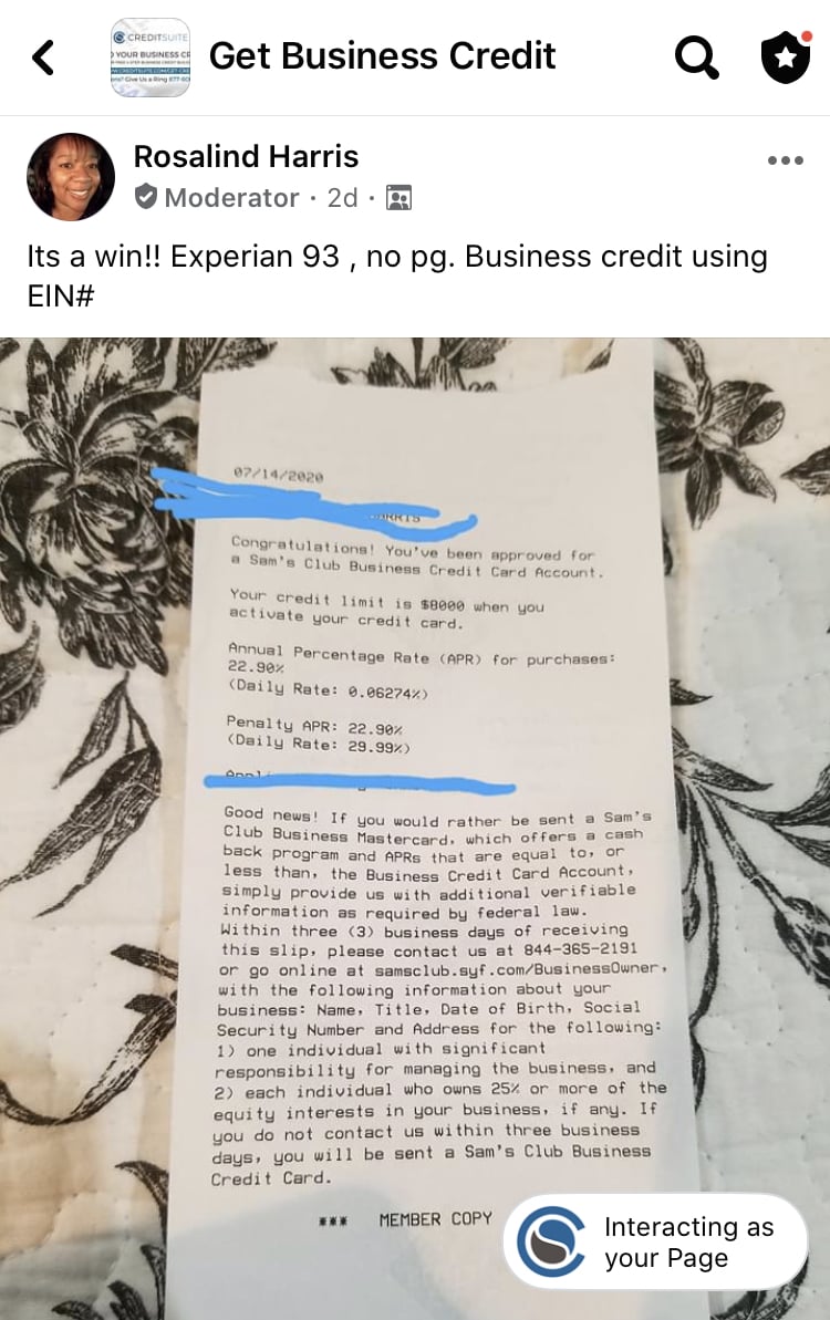 No PG Experian 93 Credit Suite - Business Credit Results